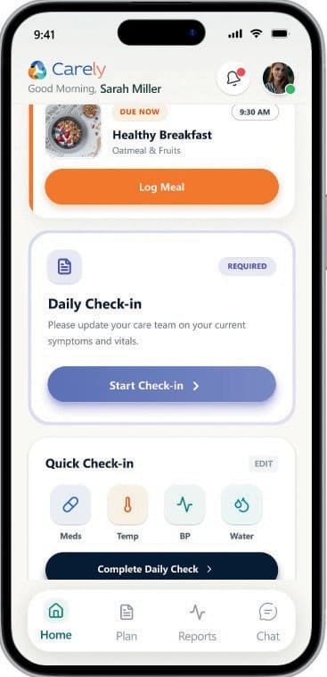 Carely patient mobile plan screen