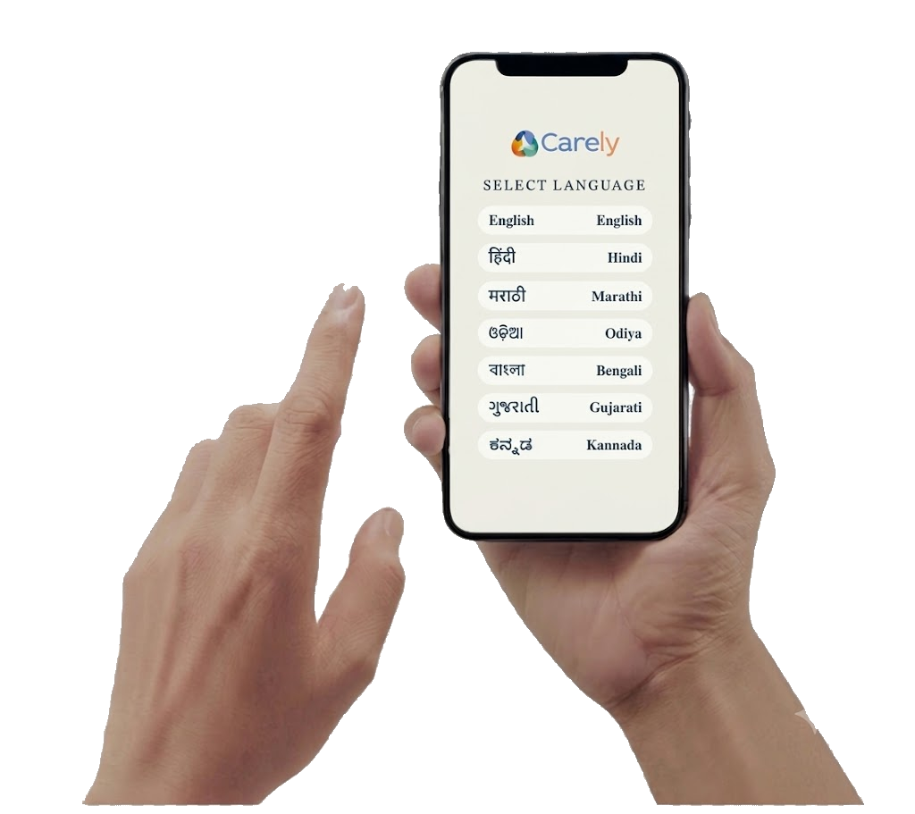 Carely mobile app language selection screen